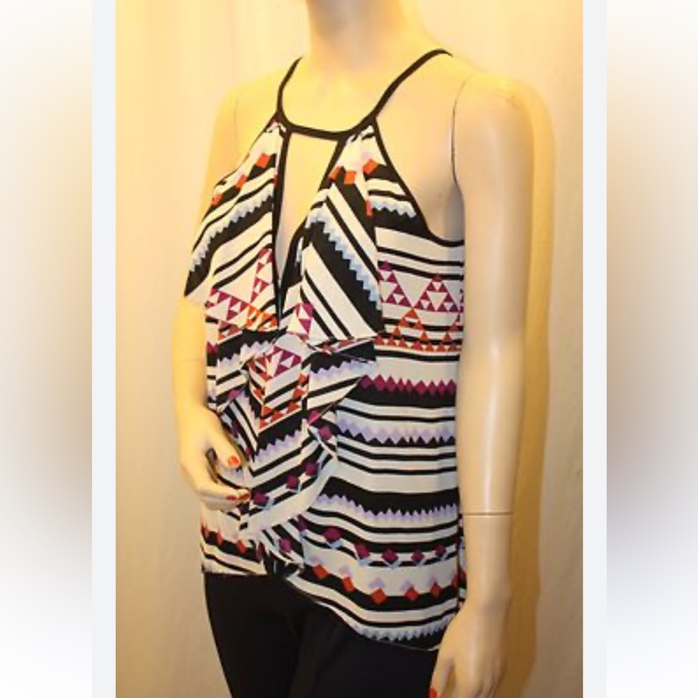 New BCBGMAXAZRIA Claudia Aztec Tribal Tie Shoulder Ruffled Tank Top Blouse 90s S